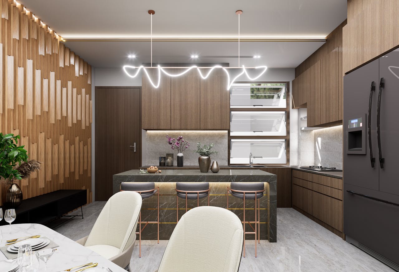 Sleek modern kitchen with wooden elements, marble island, and unique lighting.